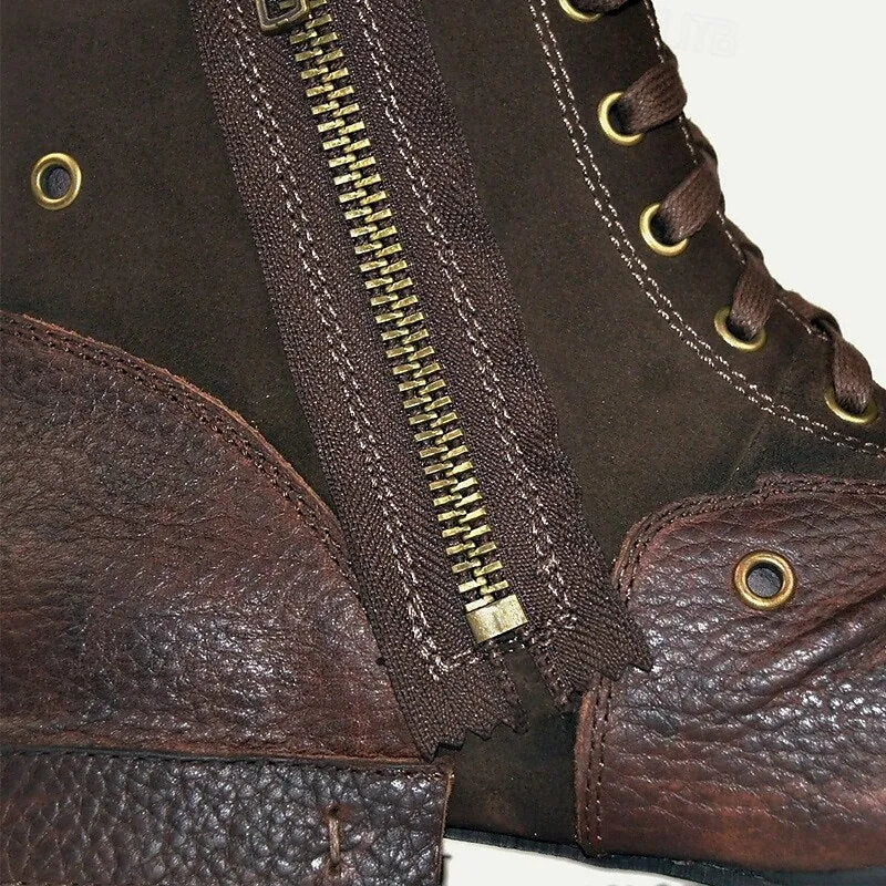 Men's Handmade Goodyear Welted Leather Lace-Up Boots with Dual Zippers and Textured Finish