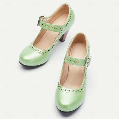 Retro Green Mary Jane Heels for Women - Perforated Design with Buckle Strap - Tokiyos