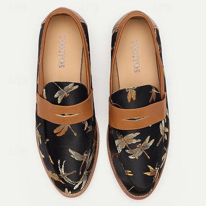 Men's Floral Embroidered Black Leather Loafers - Tokiyos