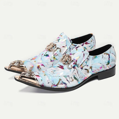 Men's Floral Print Dress Shoes with Metal Lion Head Embellishments - Tokiyos