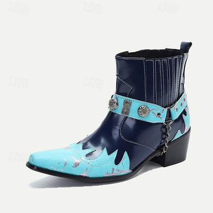 Men's Blue and Turquoise Leather Motorcycle Boots