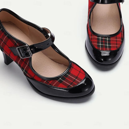 Women's Red Plaid Mary Jane Heels with Black Patent Leather - Retro High Heel Pumps - Tokiyos