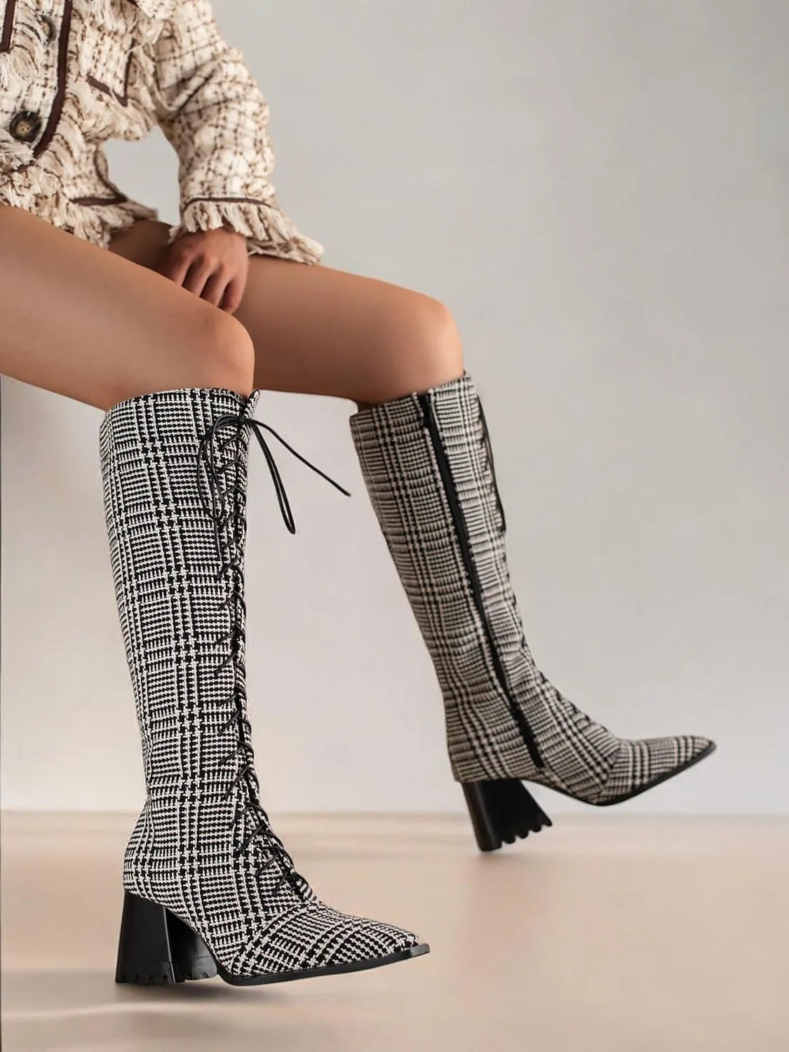 Women's Black and White Faux Leather Lace-Up Knee-High Boots with Chunky Heel