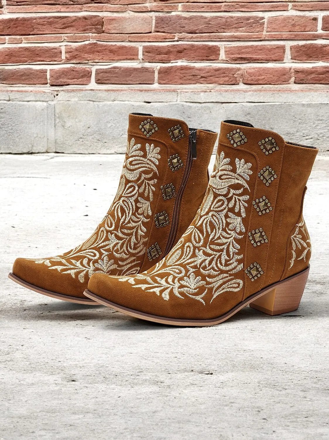 Women's Brown Embroidered Western Ankle Boots with Studded Details - Perfect for Casual Outings and Rodeo Events