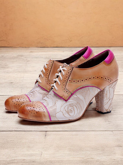 Women's Vintage Floral Lace-Up Heeled Oxford Shoes-Leather Brogue Design with Pink Accents for Retro and Chic Styles