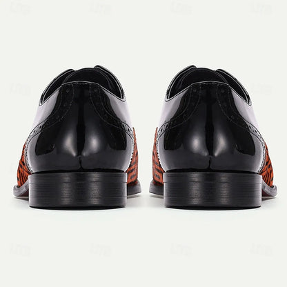 Men's Black Patent Leather Dress Shoes with Geometric Pattern - Stylish Oxford Shoes for Formal Events