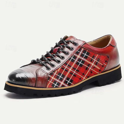 Men's Premium Cowhide Red Plaid Outdoor Shoes with Rugged Sole and Black Accents