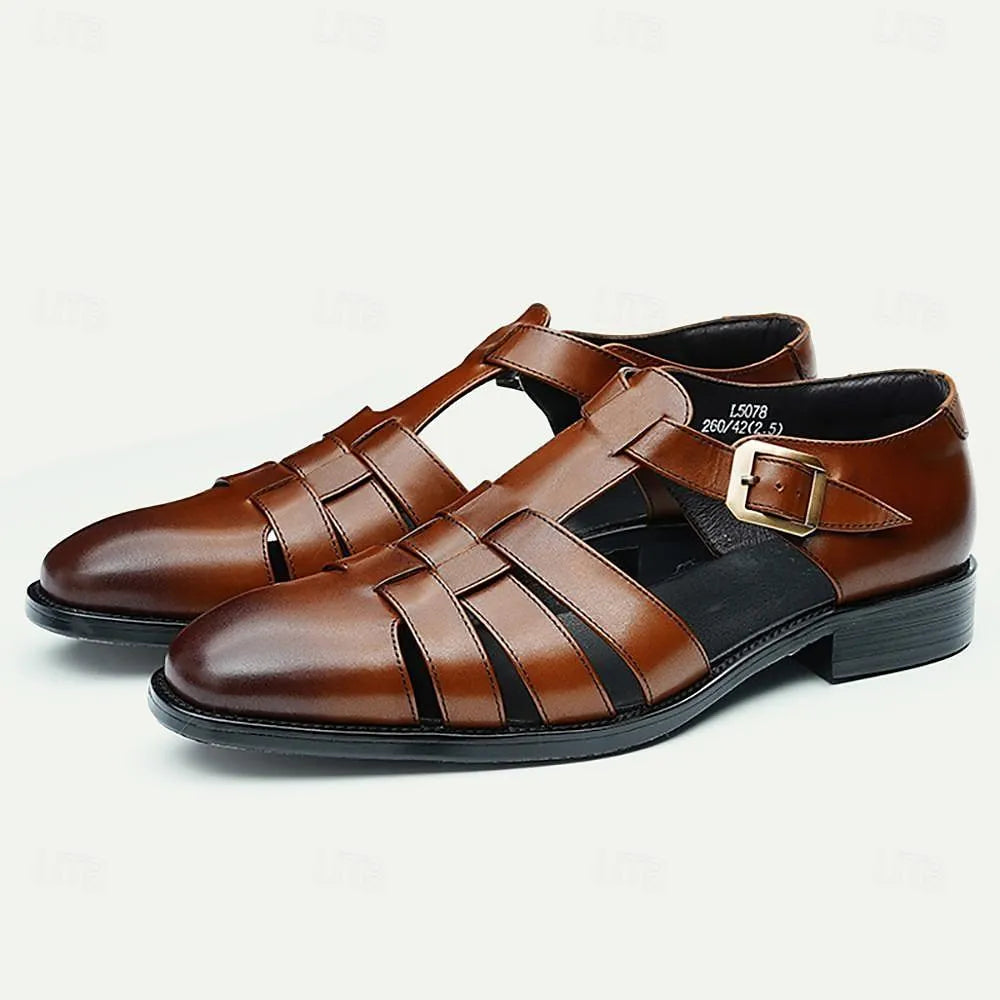 Men's Brown Leather Roman Sandals Buckle Strap Fisherman Style - Tokiyos