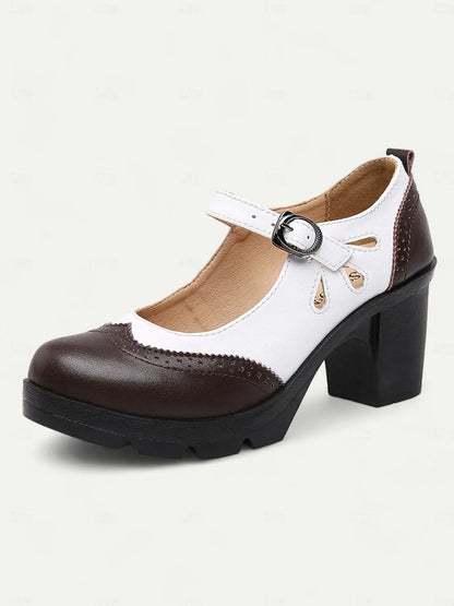 Women's Vintage Black and White Mary Jane Chunky Heel Shoes - Retro Brogue Style for Office and Casual Wear