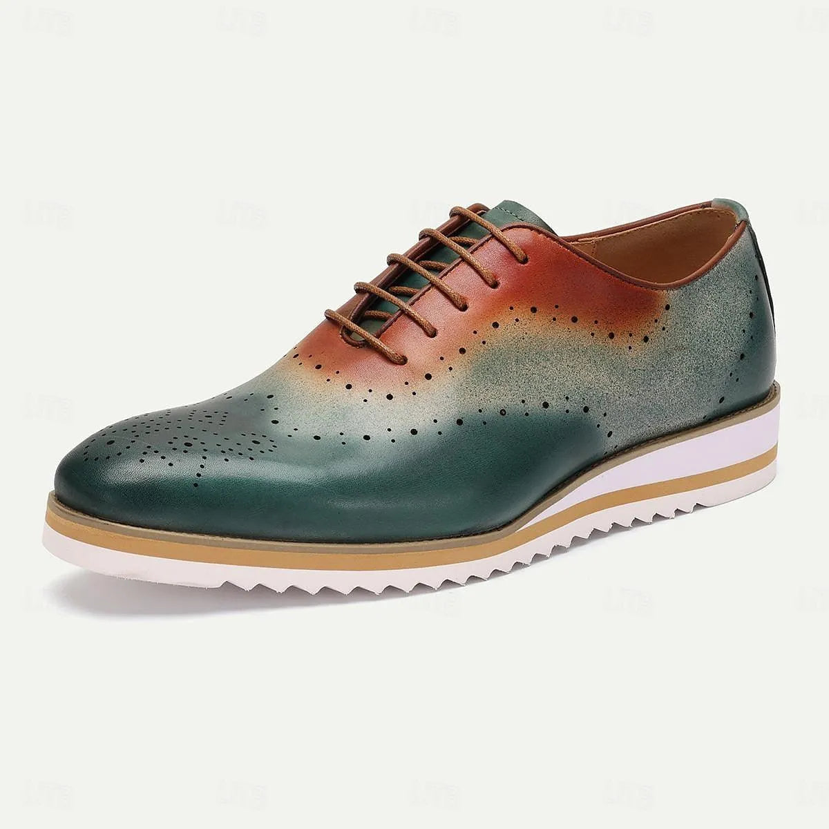 Men's Gradient Green and Brown Leather Oxford Shoes - Tokiyos