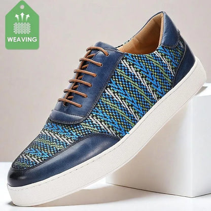 Men's Blue and Green Woven Leather Sneakers - Breathable Pattern Lace-Up Casual Shoes