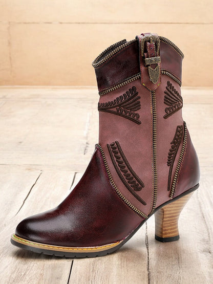 Women's Vintage Brown and Burgundy Leather Ankle Boots with Zipper, Buckle Strap