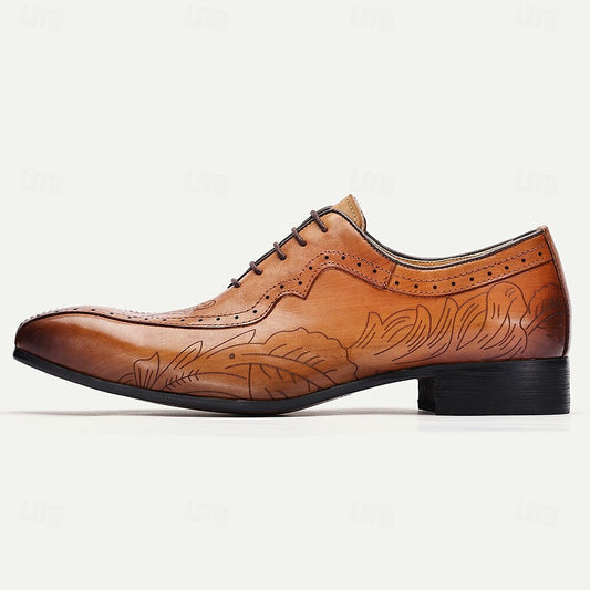 Men's Premium Cowhide Leather Oxford Shoes - Hand-Carved Floral Design Lace-Up Brogue Dress Shoes for Formal Occasions