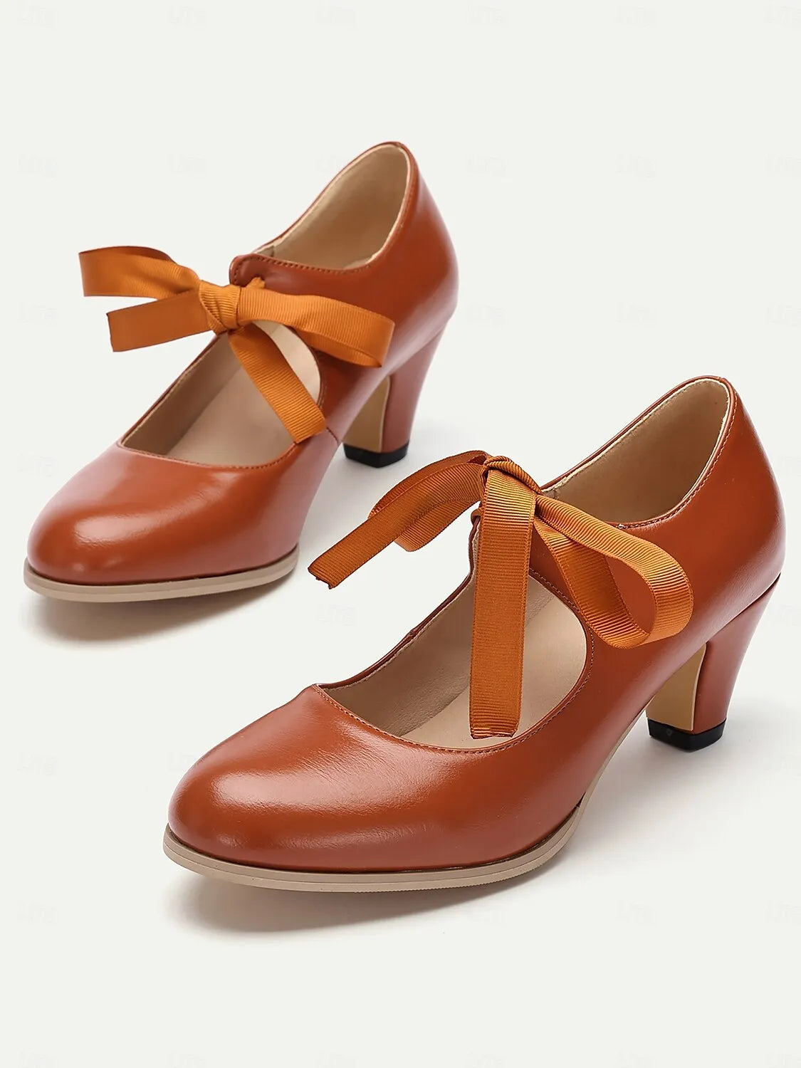 Women's Vintage Mary Jane Heels with Ribbon Bow - Retro-Inspired Block Heel Dress Shoes for Casual and Special Occasions