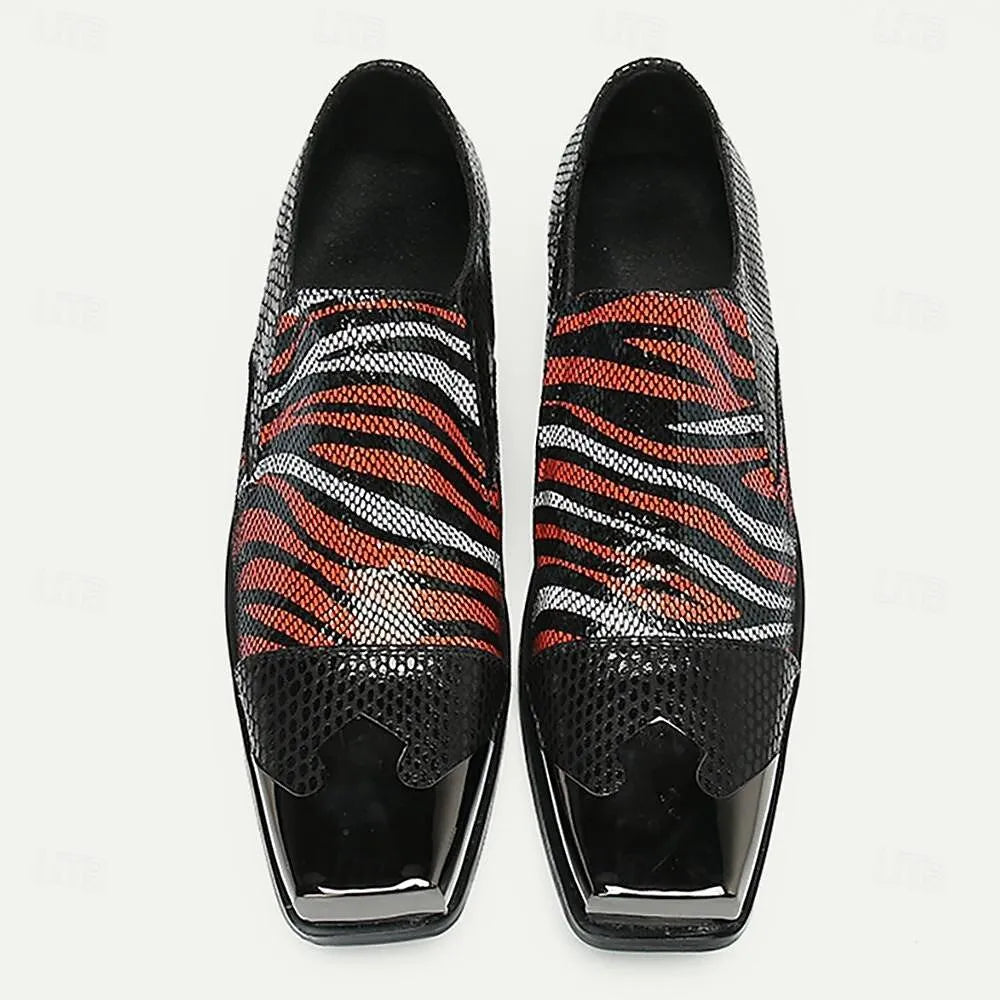 Men's Tiger Print Dress Shoes - Black and Orange Stylish Patent Leather Loafers - Tokiyos