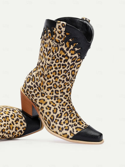 Women's Leopard Print Western Cowboy Boots with Black Faux Leather Accents