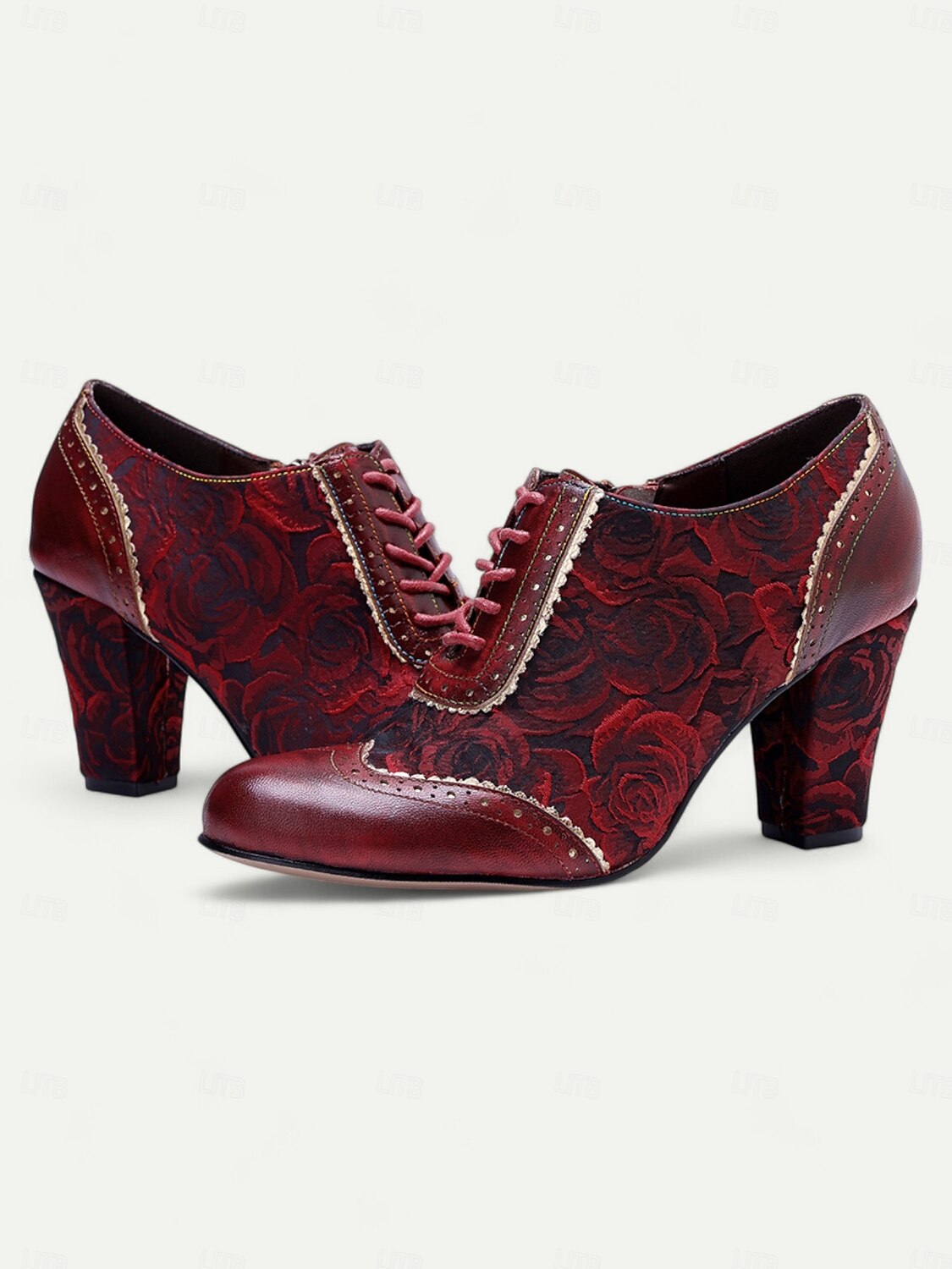 Women's Red Floral Lace-Up Heeled Oxford Shoes-Vintage Brogue Design with Rose Pattern for Retro and Steampunk Styles