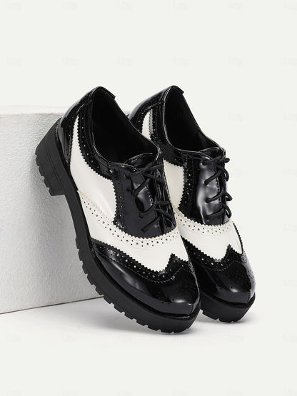 Women's Black and White Brogue Oxford Shoes – Patent Faux Leather Lace-Up, Chunky Sole, Vintage Style for Formal and Casual Wear