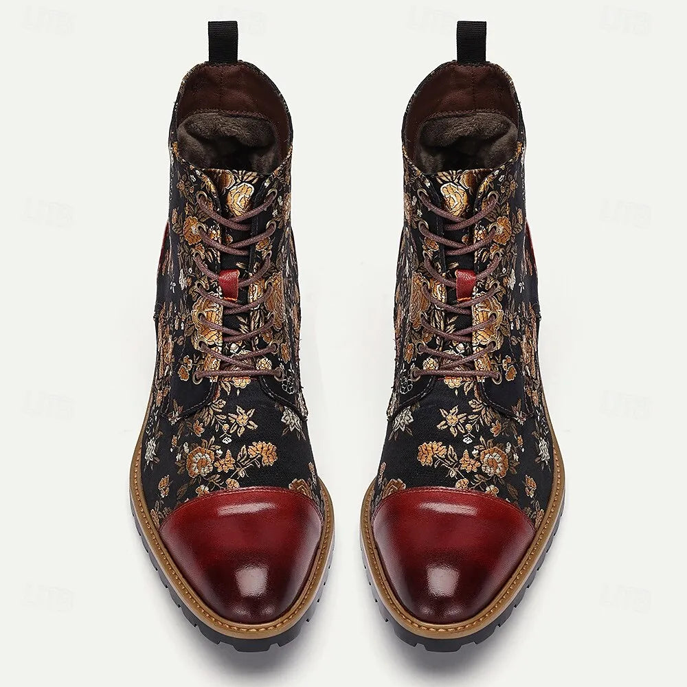 Men's Jacquard Fabric and Leather Ankle Boots - Floral Pattern Lace-Up Design for Vintage-Inspired Fashion