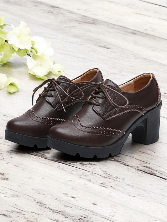 Women's Brown Oxford Lace-Up Chunky Heel Shoes with Brogue Detailing