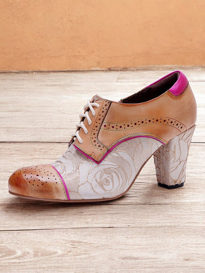 Women's Vintage Floral Lace-Up Heeled Oxford Shoes-Leather Brogue Design with Pink Accents for Retro and Chic Styles