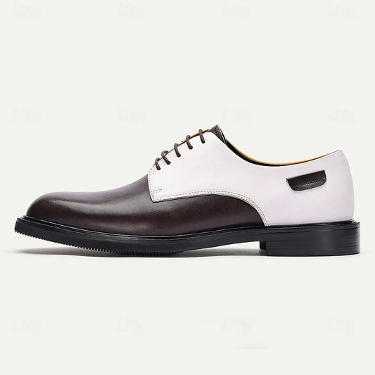 Men's Tri-Color Leather Oxford Shoes, Brown, White, and Yellow Lace-Up Dress Shoes, Perfect for Formal Events and Stylish Business Attire