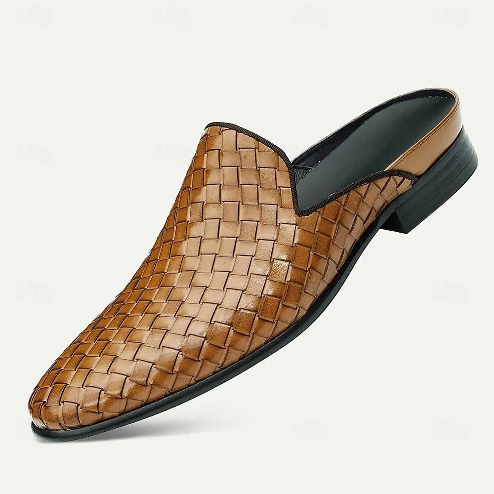 Men's Brown Woven Leather Mules Slip-On Roman Loafers - Tokiyos