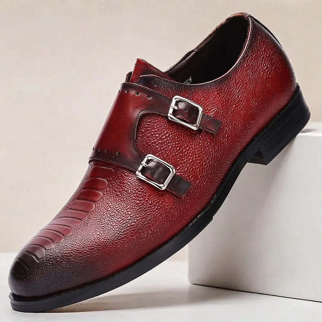 Men's Double Monk Strap Red Leather Oxford Shoes ¨C Premium Cowhide, Textured Design, Formal Dress Shoes for Business and Special Occasions