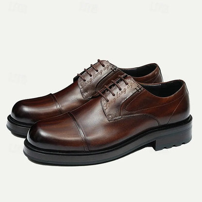 Men's Brown Leather Cap-Toe Oxford Shoes, Classic Dress Shoes with Subtle Engraved Details for Business and Formal Wear