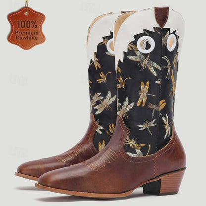 Men's Premium Cowhide Leather and Jacquard Fabric Western Cowboy Boots with Dragonfly Embroidery-Vintage Style Boots for Ranch and Outdoor Wear