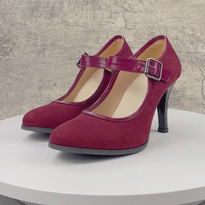 Women's Burgundy Suede Mary Jane Heels with Buckle - Classic High Heel Pumps