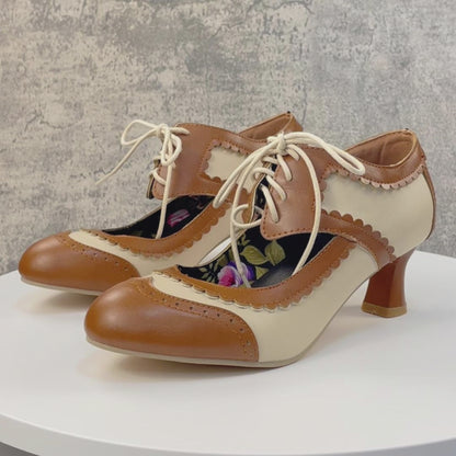 Women's Two-Tone Oxford Heels with Lace-Up Front and Floral Insole