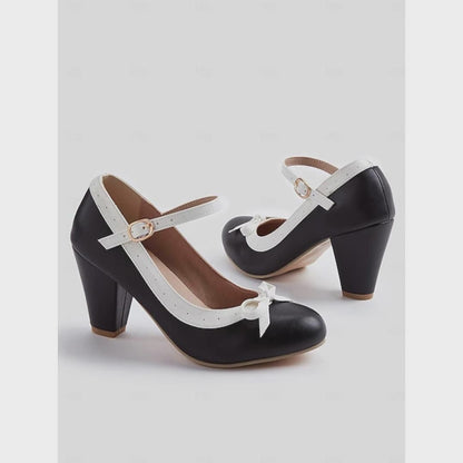 Women's Black and White Mary Jane Heels with Bow - Classic Chunky Heel Pumps