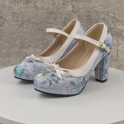 Floral White Platform Mary Jane Heels with Bow for Women