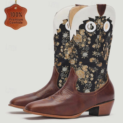 Men's Premium Cowhide and Jacquard Fabric Western Cowboy Boots with Gold Floral Embroidery-Vintage Style Boots for Ranch and Outdoor Wear