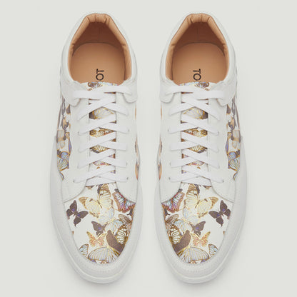 Men's White Leather Sneakers with Butterfly Print - Trendy Casual Shoes