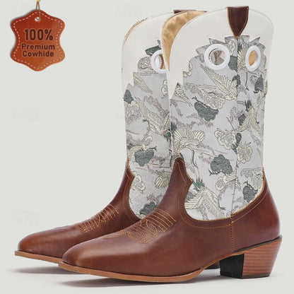 Men's Premium Cowhide Western Cowboy Boots with Embroidered Crane Pattern-Vintage Style Boots for Ranch and Outdoor Wear