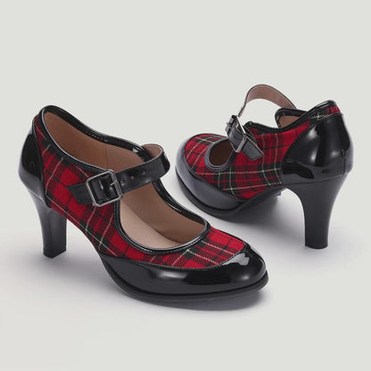 Women's Red Plaid Mary Jane Heels with Black Patent Leather - Retro High Heel Pumps