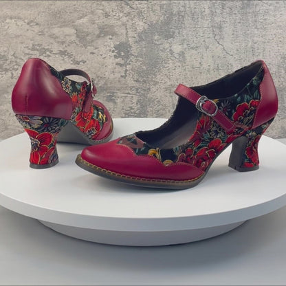 Red Floral Mary Jane Heels with Buckle - Women's Leather Shoes