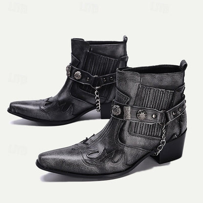 Men's Black Premium Cowhide Leather Motorcycle Boots with Western Style, Metal Studded Strap, and Chain Accent - Perfect for Biker and Cowboy-Inspired Fashion