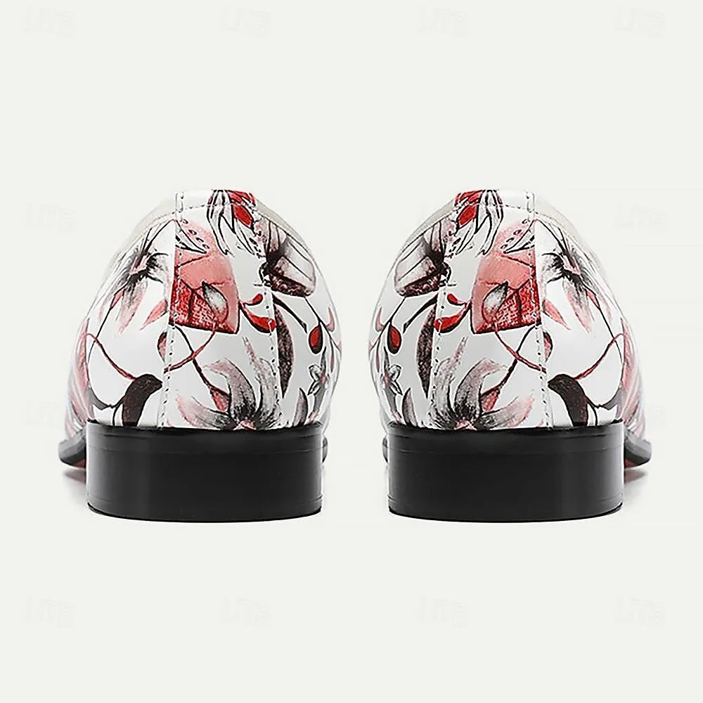 Men's Floral Print Slip-On Dress Shoes in Red and White - Tokiyos