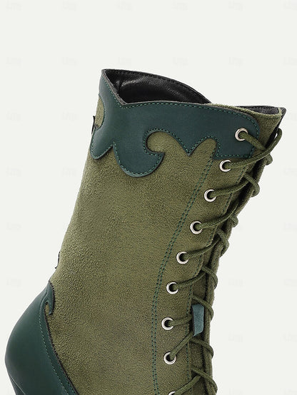 Women's Victorian Vintage Green Lace-Up Boots with Scalloped Trim and Brogue Detailing