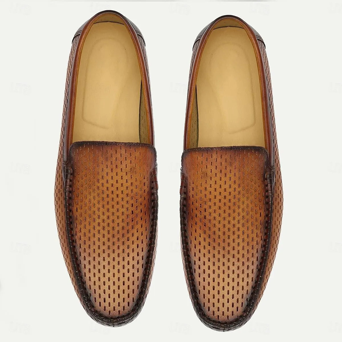 Men's Brown Perforated Leather Slip-On Loafers - Tokiyos