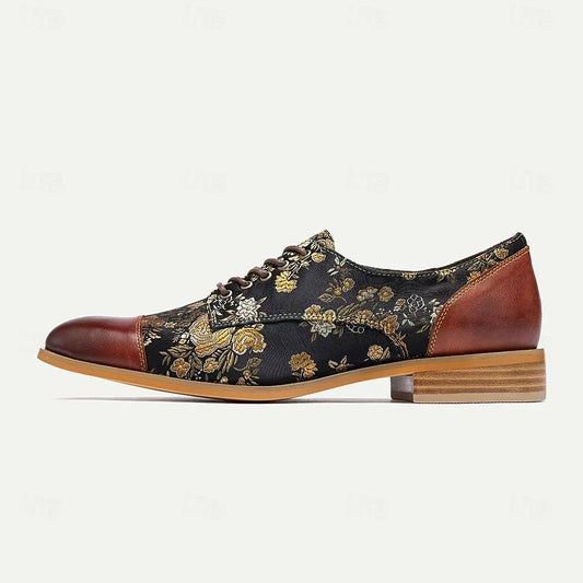 Men's Premium Cowhide Floral Pattern Dress Shoes with Brown Accents