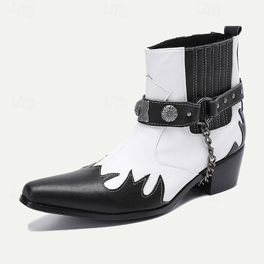 Men's Premium Cowhide Black and White Motorcycle Boots with Studded Strap, Chain Detail, and Western Style - Perfect for Riding and Casual Wear