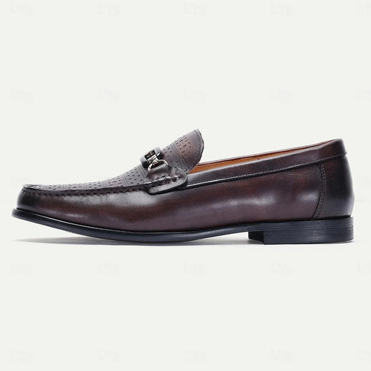 Men's Loafers Perforated Brown Leather Gunmetal Horsebit - Tokiyos