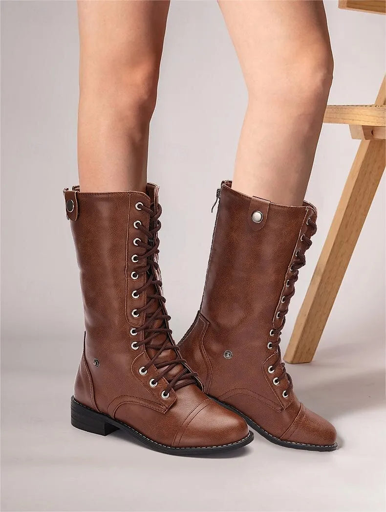 Women's Brown Convertible Lace-Up Combat Boots with Fold-Down Plaid Cuffs - Versatile Vintage Style for Casual and Outdoor Wear