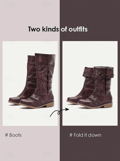 Women's Burgundy Convertible Mid-Calf Boots with Fold-Down Cuff and Lace-Up Detail - Versatile Vintage-Inspired Footwear for Casual and Fall Outfits