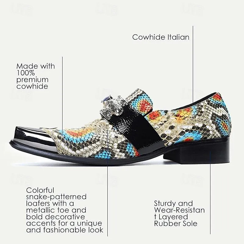 Men's Multicolor Metallic Snakeskin Loafers with Dragon Buckle and Jewel Detail - Tokiyos