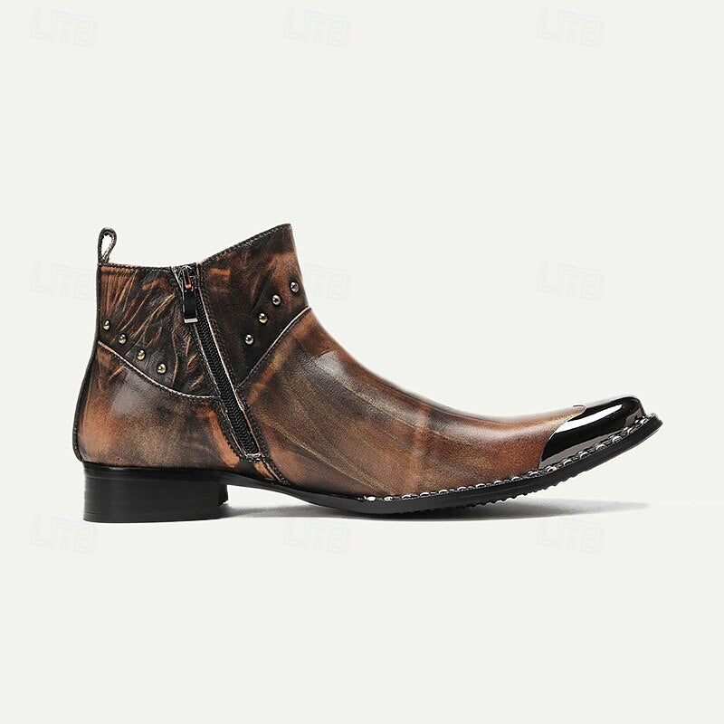 Men's Premium Cowhide Leather Motorcycle Boots with Studded Design, Brown Gradient Finish, and Metallic Detailing - Perfect for Biker Style and Casual Outfits